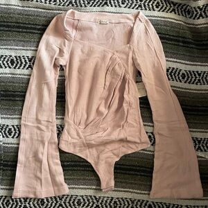 Free People Dusty Pink Ribbed Long Sleeve Bodysuit